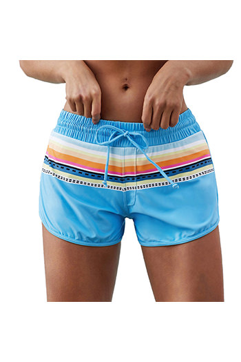 Striped Print Accent Light Blue Drawstring Board Shorts