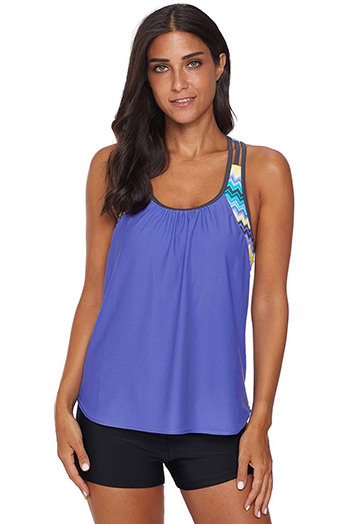 Sky Blue Blouson Striped Printed Strappy T-Back Push up Tankini Top