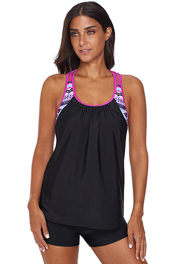 Rose Blouson Striped Printed Strappy T-Back Push up Tankini Top