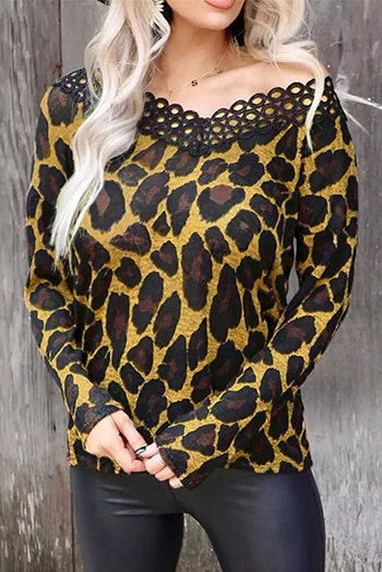 Brown Lace Splicing Hollow Out Leopard Blouse