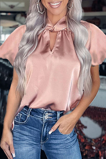 Pink Twist High Neck Puff Sleeve Satin Blouse