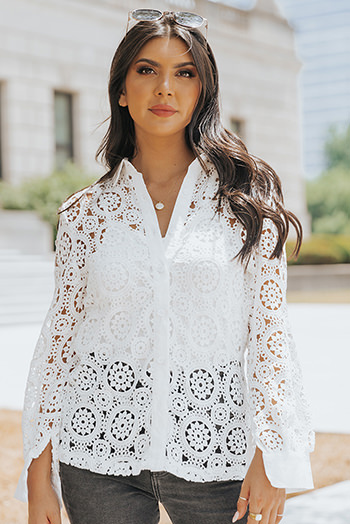 White Crochet Lace Hollow Out Turn-Down Collar Shirt