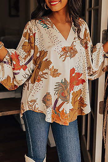 White V Neck Loose Sleeve Floral Blouse