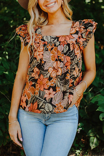 Brown Floral Flutter Sleeves Square Neck Blouse