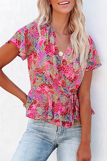 Red Surplice V Neck Floral Print Flutter Peplum Blouse