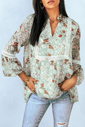 Green Floral Print Lace Crochet Trim Blouse