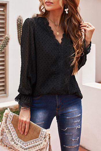 Black Elegant V Neck Swiss Dot Lace Blouse