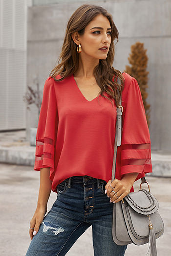 Red Flare Sleeve V Neck Loose Blouse