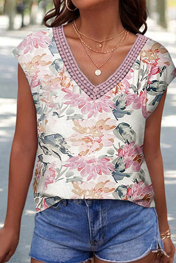 Pink Floral Print Lace Splicing Sleeveless Blouse