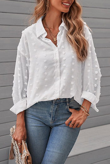 White Long Sleeve Button Fuzzy Polka Dot Shirt