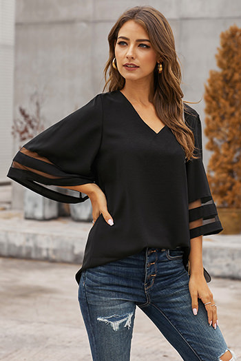 Black Flare Sleeve V Neck Loose Blouse