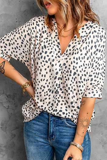 Brown Animal Print V Neck Rolled Sleeve Tunic Top