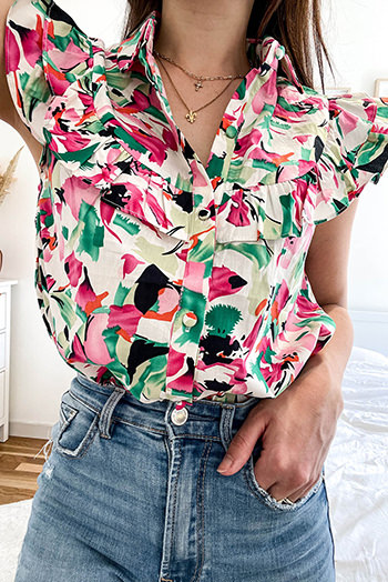 Pink Floral Print Ruffled Sleeveless Shirt