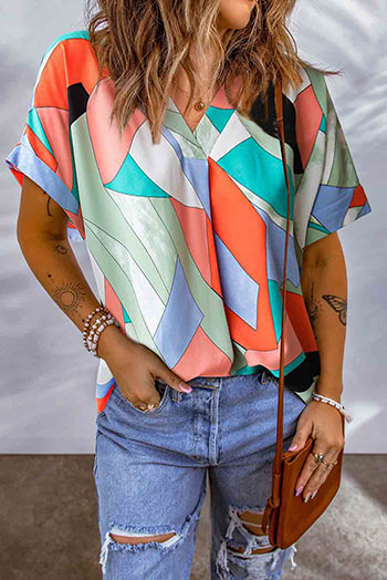 Multicolor Irregular Color Block Printed Short Sleeve Blouse