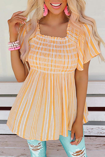 Yellow Striped Print Smocked Flowy Blouse