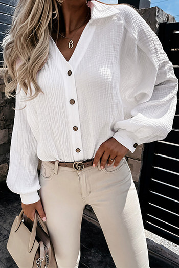 White Turn-Down Collar V Neck Crinkled Cuffed Shirt