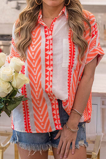 Orange Geometric Striped Buttoned Short Sleeve Shirt