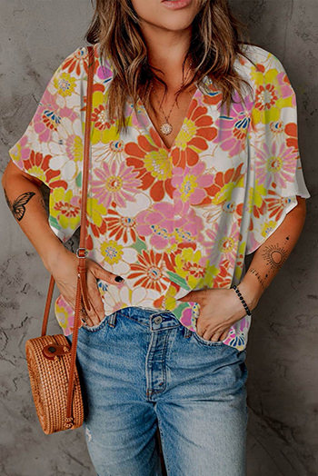 Orange Abstract Print V Neck Half Sleeve Blouse