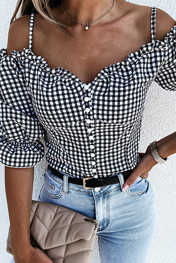 Black Sweetheart Gingham Button Down Cold Shoulder Blouse