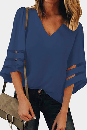 Blue Flare Sleeve V Neck Loose Blouse