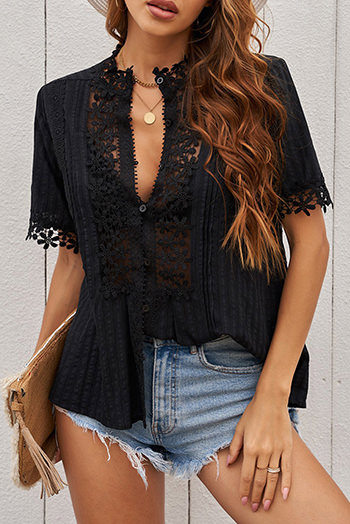 Black Crochet Hollow Out Lace Splicing Short Sleeve Top