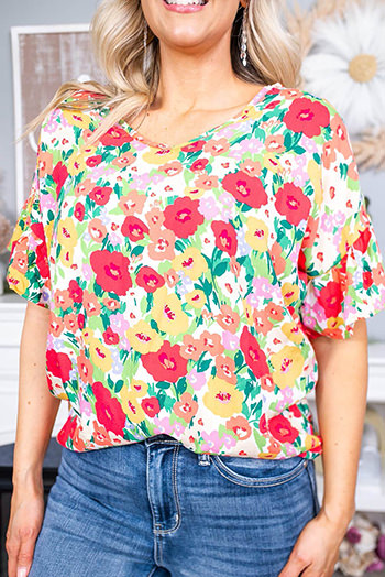 Red Floral Print Ruffled Short Sleeve V Neck Blouse