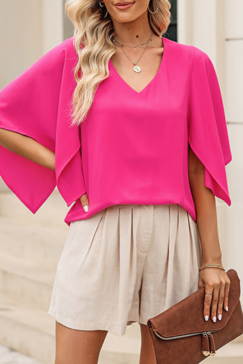 Rose Plain Flounce Bell Sleeve V Neck Blouse