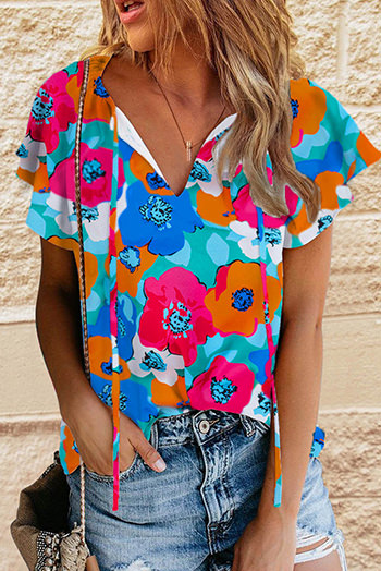 Multicolor Floral Print Drawstring V Neck Short Sleeve Blouse