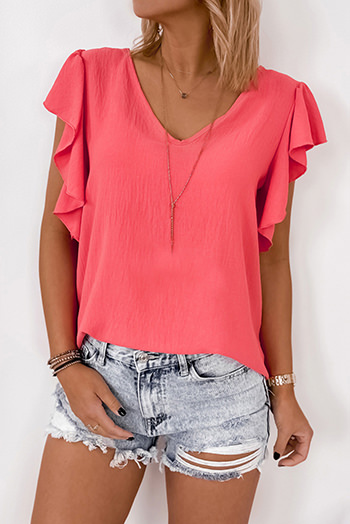 V Neck Ruffle Sleeve Loose Top