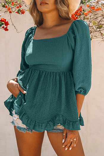 Green Ruffled Smocked 3/4 Sleeve Square Neck Blouse