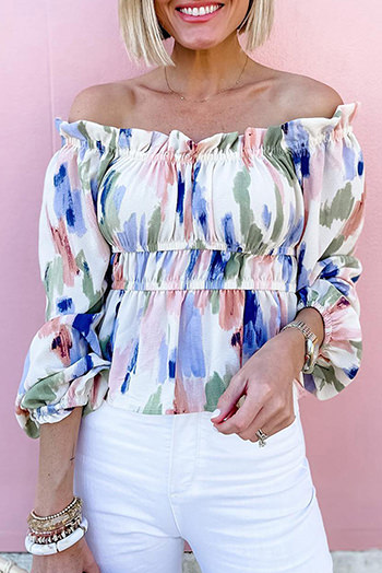 White Abstract Print Frill Off Shoulder Bubble Sleeve Blouse