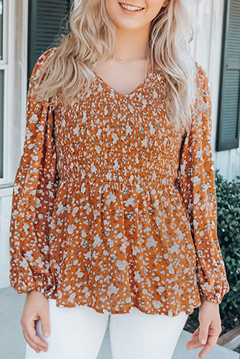 Orange Floral Print Shirred Long Sleeve V Neck Blouse