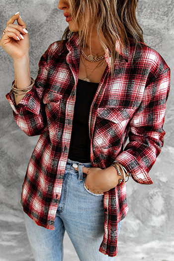 Red Buttons Pocketed Plaid Shacket