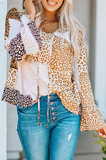 Brown Colorblock Leopard Ribbon Tie Blouse