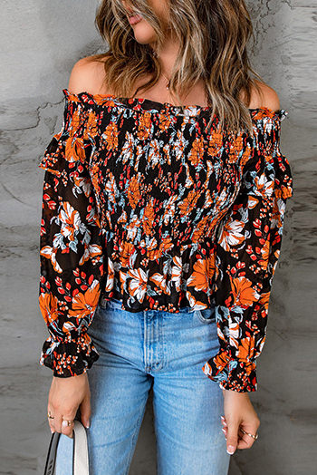 Black Off The Shoulder Smocked Floral Top