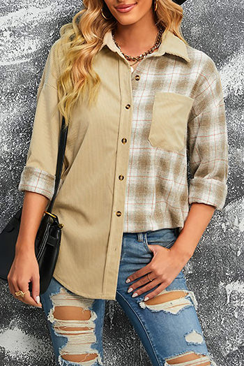 Plaid Color Block Button-Up Oversize Corduroy Shirt