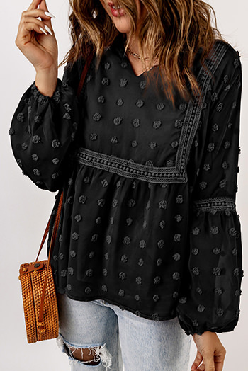 Black Swiss Dot Split Neck Ruffle Babydoll Blouse