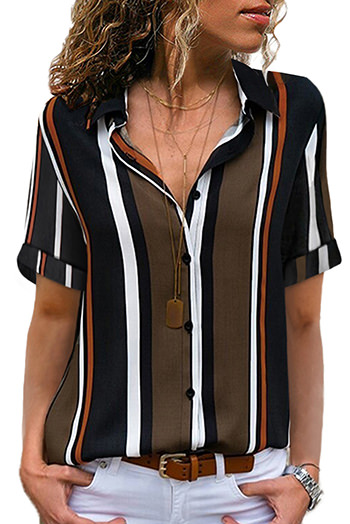 Black Brown Striped Short Sleeve Button Shirt