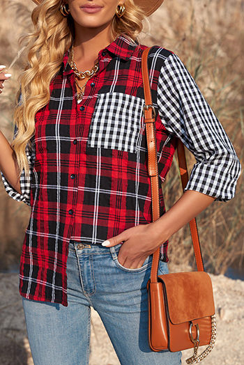 Red Plaid Splicing Hit Color Pockets Turndown Collar Long Sleeve Shirt