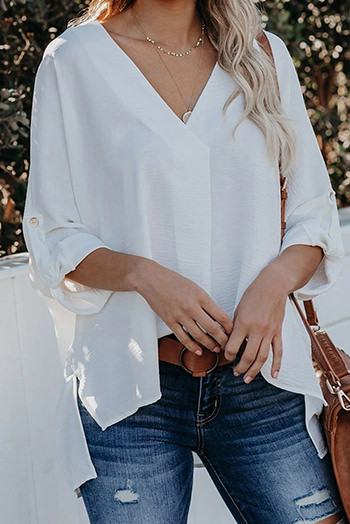 White V Neck 3/4 Sleeve High Low Hem Shirt