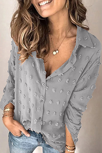 Gray Long Sleeve Button Fuzzy Polka Dot Shirt