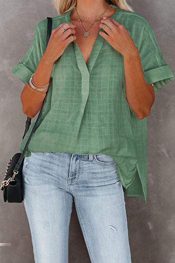 Green Plaid Print Loose V Neck Short Sleeve Shirt with Slits