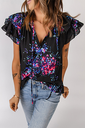 Black Butterfly Sleeves Split V Neck Tie Dye Print Blouse