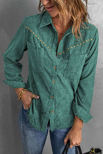 Green Rivet Corduroy Buttoned Long Sleeve Shirt with Pockets