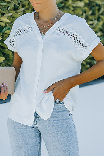 White Swiss Dot Lace Splicing Buttoned Short Sleeve Shirt