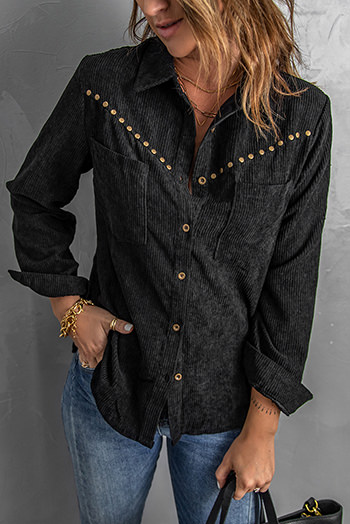 Black Rivet Corduroy Buttoned Long Sleeve Shirt with Pockets