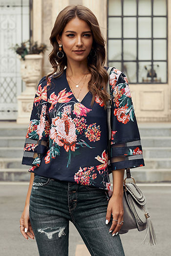 Red 3/4 Flared Sleeve Floral Blouse