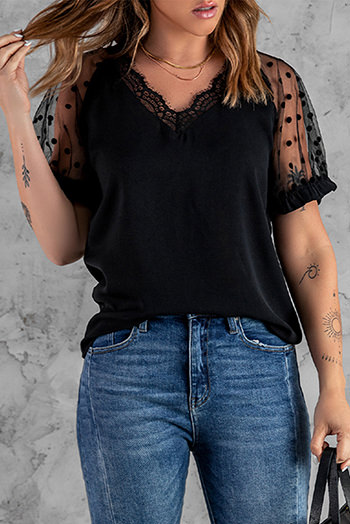 Black Polka Dot Mesh Patchwork Short Sleeve Blouse