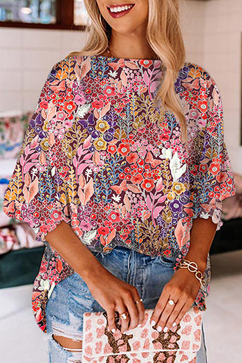 Multicolor Floral Print Shirred 3/4 Sleeve Tunic Blouse