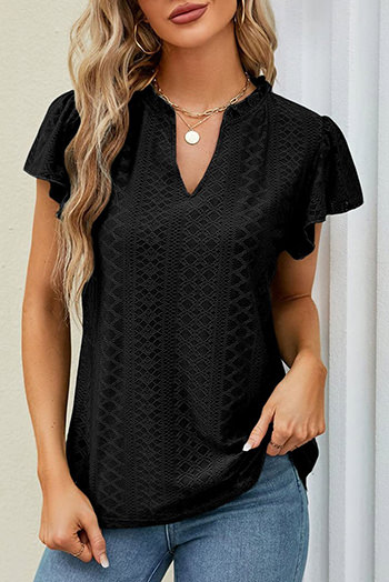 Black Eyelet Lace Textured V Neck Flutter Blouse